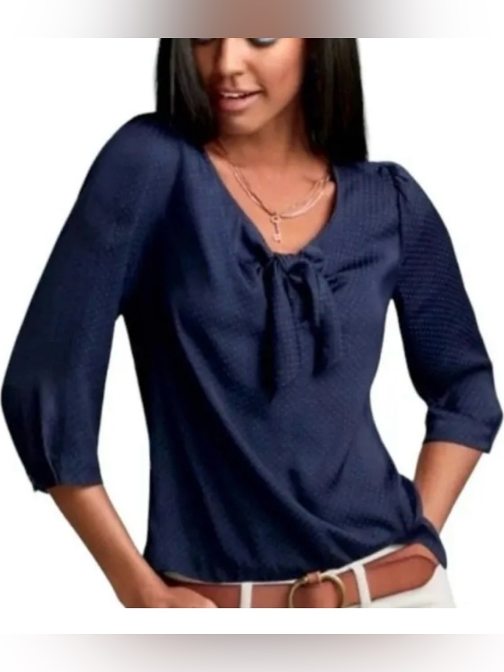 Cabi Classic Tie-Neck Women’s Navy Polka Dot Satin Blouse XS